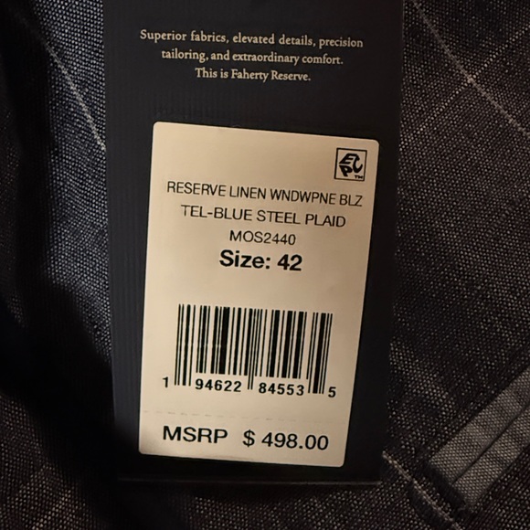 Faherty Men’s Sz 42 Reserve Linen Windowpane Blazer in Blue Steel Plaid New NWT - Picture 8 of 10